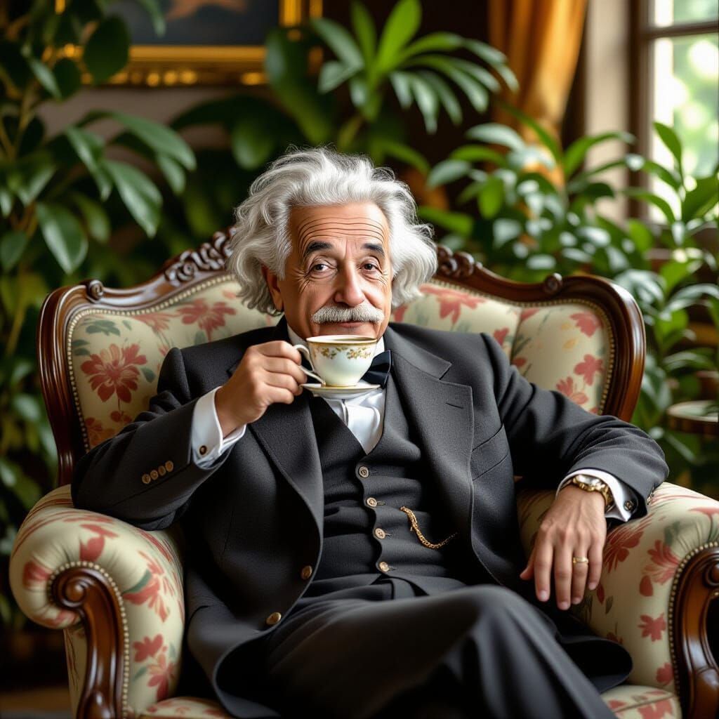 Einstein Relaxes on Sofa in Rockwell-Klimt Style