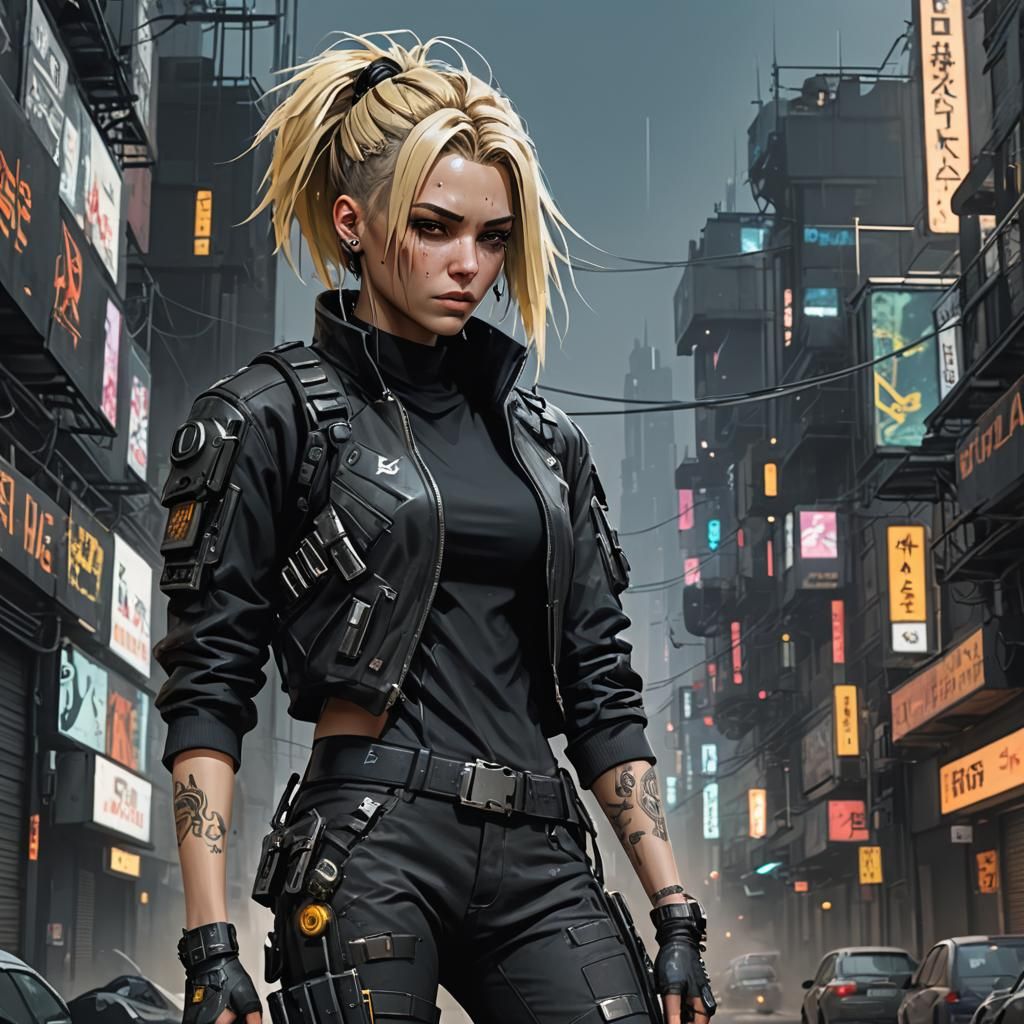 Cyberpunk Net-Runner in Dark Street Fashion, Noticeable Cybe...