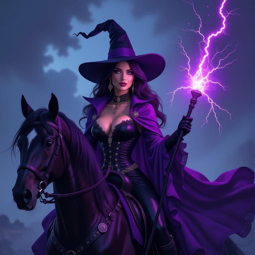 Sexy Witch Rides Horse Casting Lightning