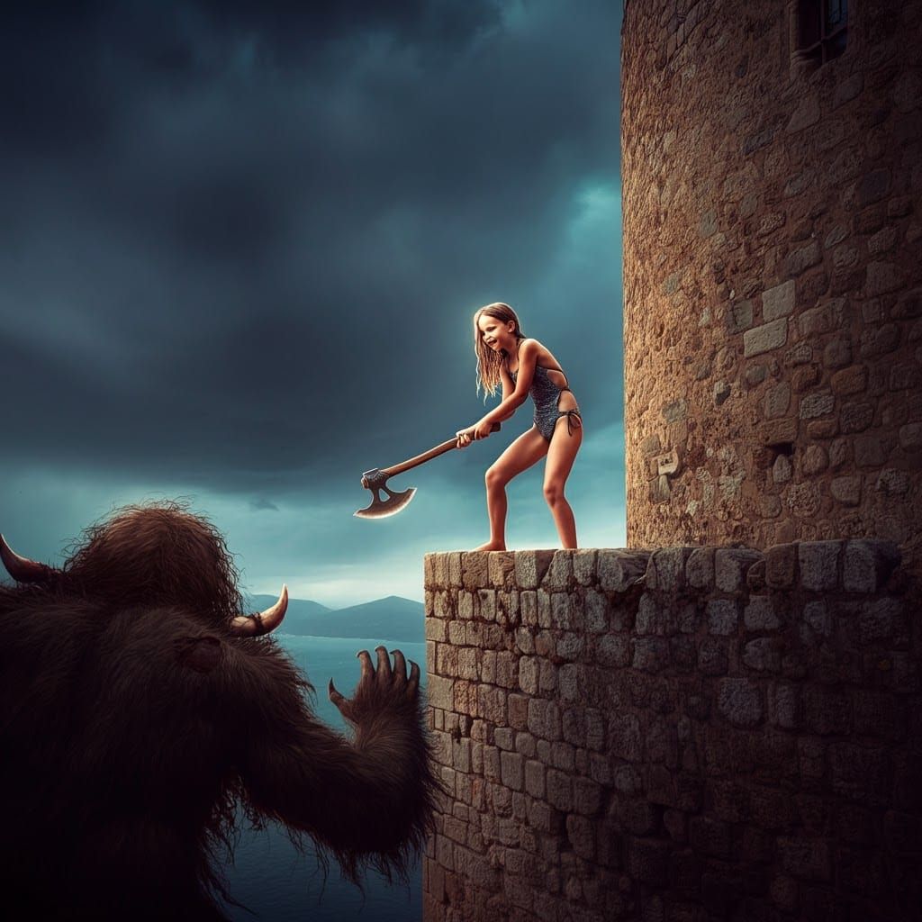 Medieval Warrior Maiden Defies the Monster Below