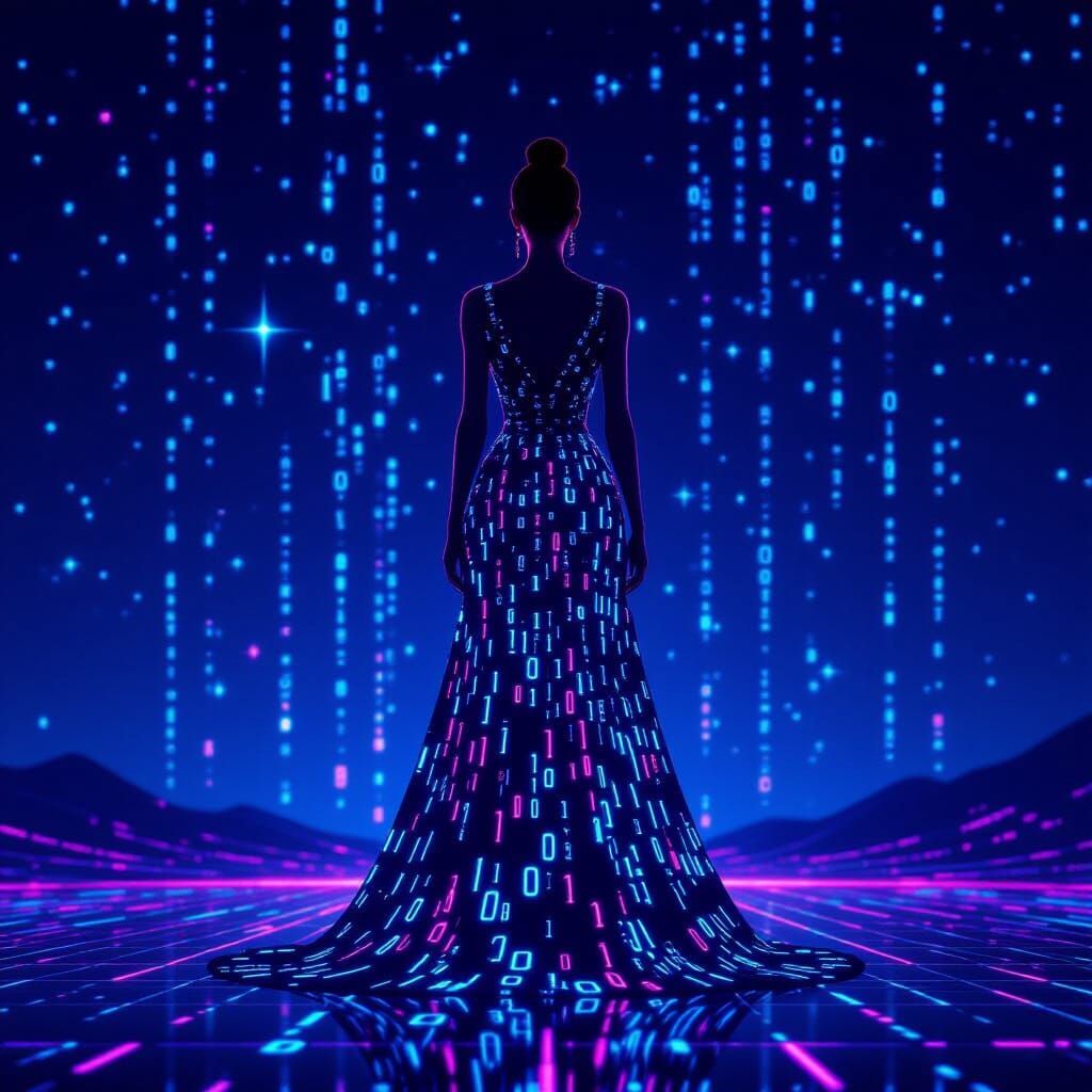 Elegant Digital Dress with Neon Zeros and Ones