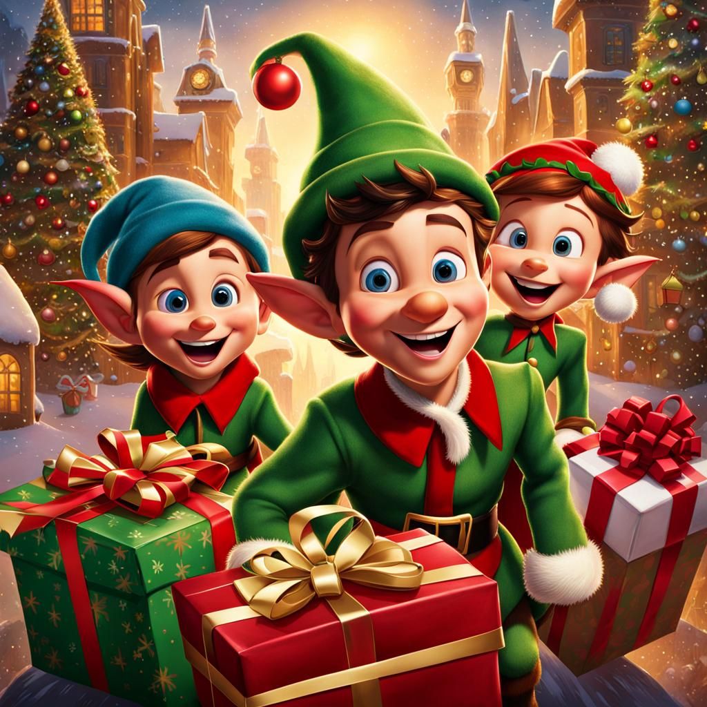 Sleigh Loading Christmas Elf in Disney Pixaresque Poster Art