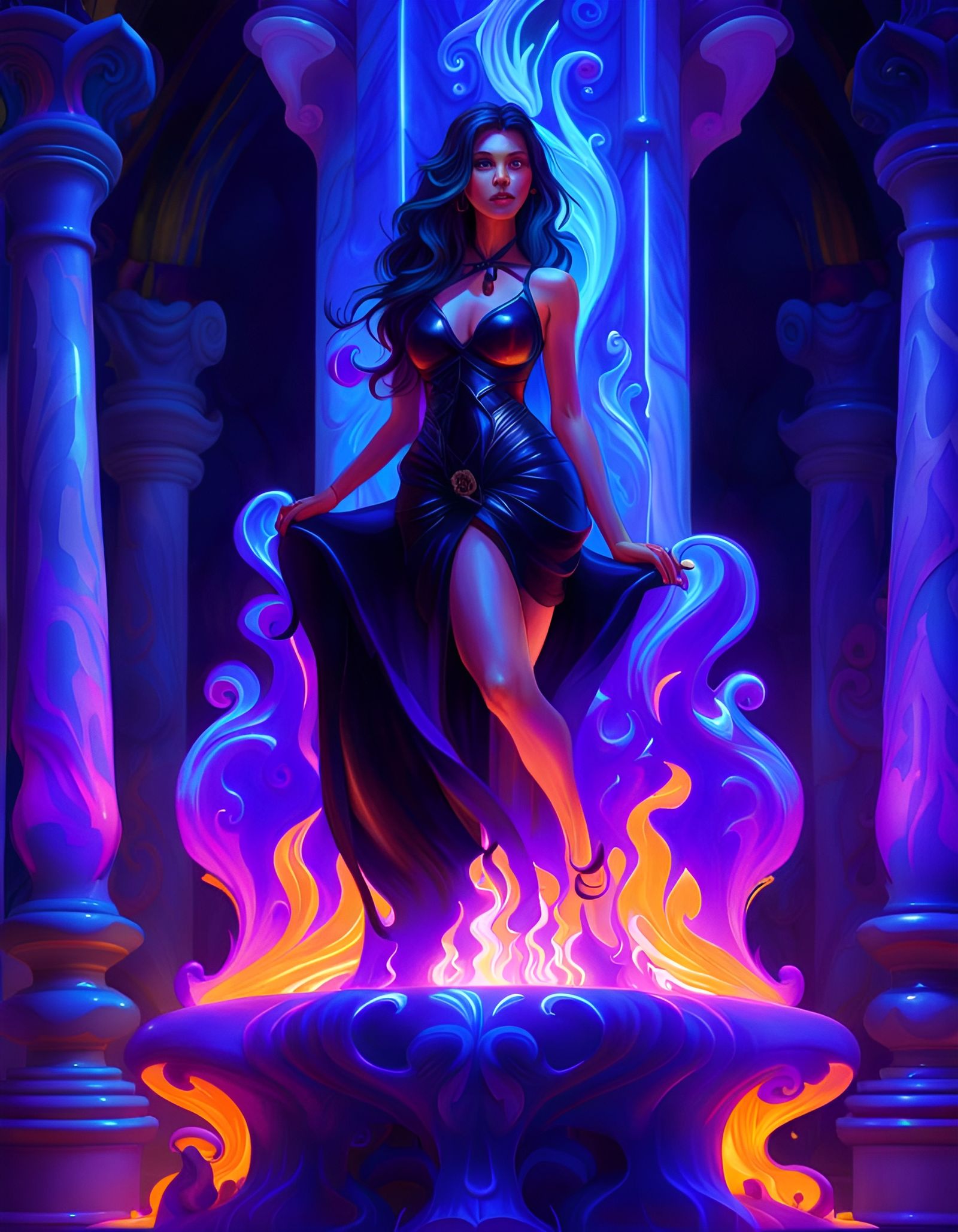 Ethereal Woman Enveloped in Ultraviolet Flames
