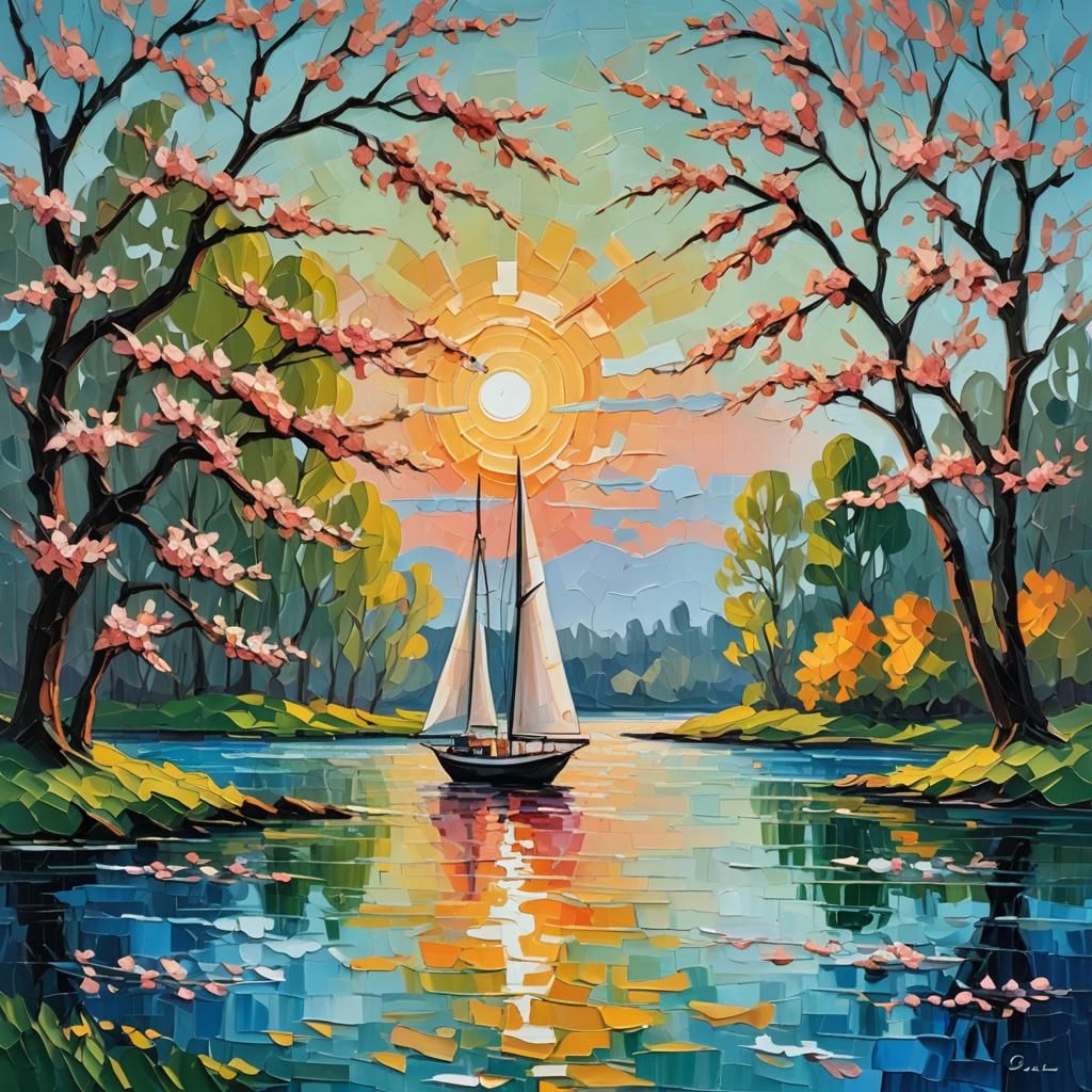 Expressive Sail Boat Scene in Vibrant Impasto Oil Painting