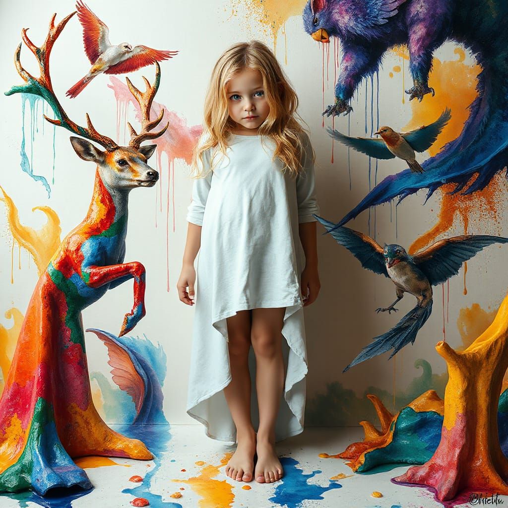 Dreamlike Scene: Woman Amidst Liquid Paint Creatures