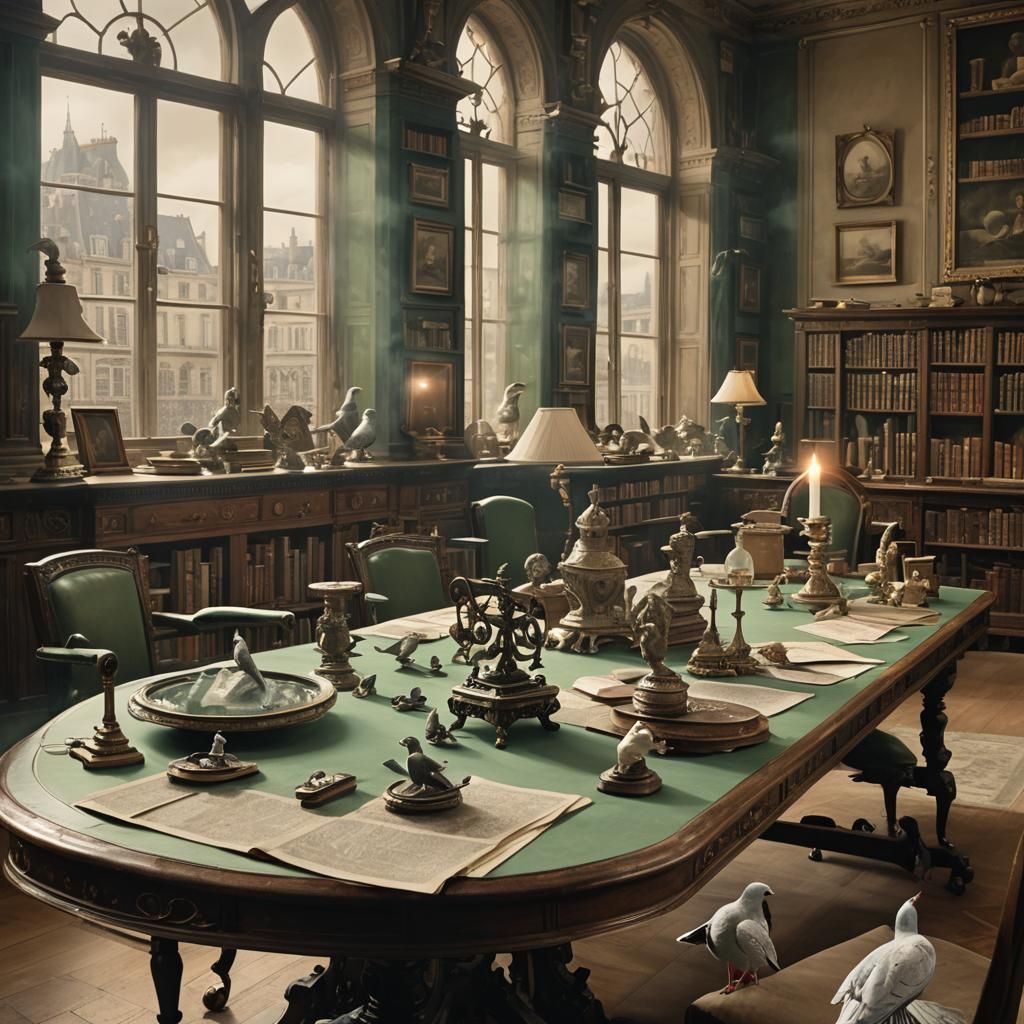 Elegant Library Study in Sepia, Paris Street Scene at Twilig...