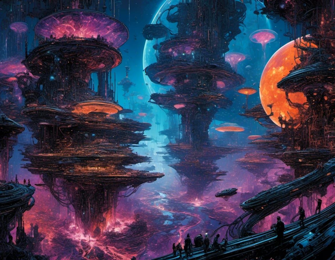 Bioluminescent Alien Metropolis in a Vibrant Galaxy