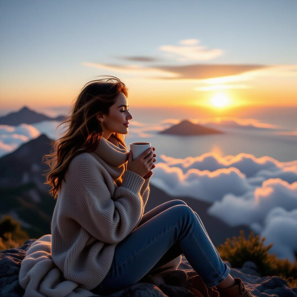 Woman Sipping Coffee at Sunset: Cinematic Mountain View