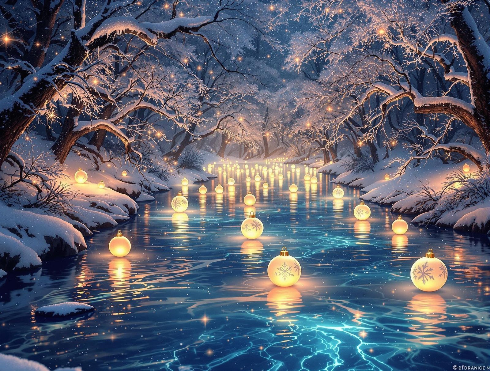 Winter Wonderland River in Surreal Storybook Style