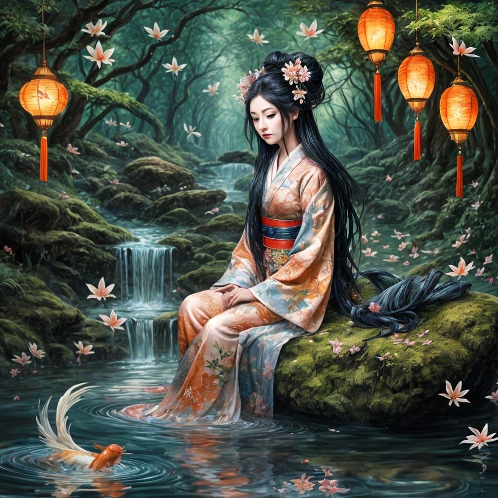 Enchanting Geisha in Whimsical Forest Oasis