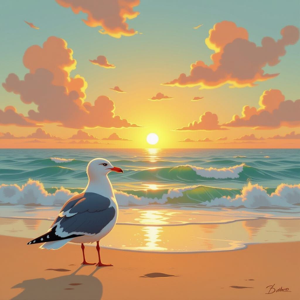 Nostalgic Seagull at Sunset in Animated Style