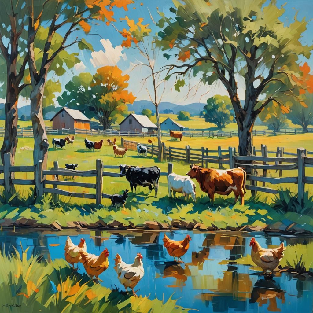 Vibrant Abstract Farm Landscape in Warm Golden Light