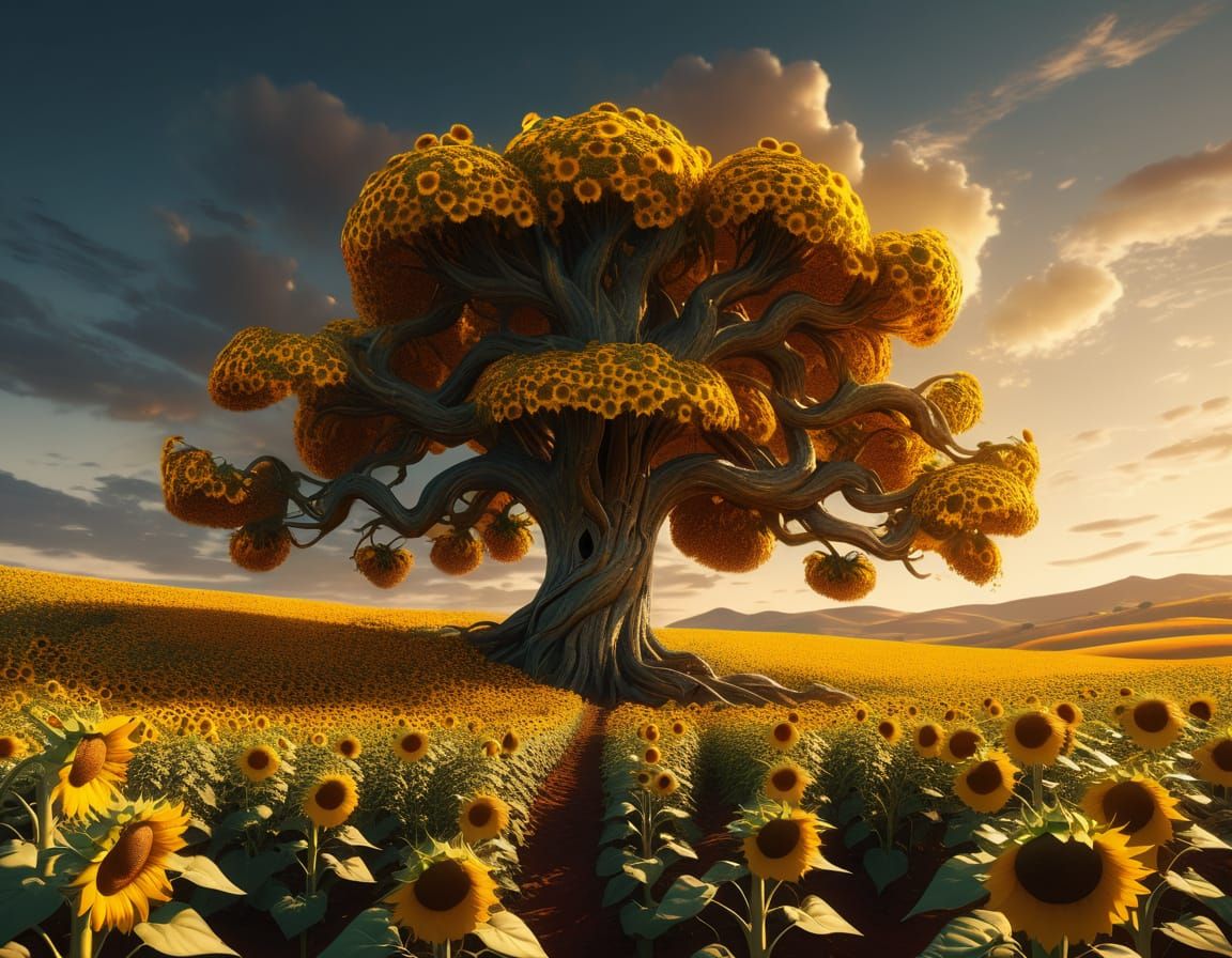 Sunrise Tree in Sunflower Field, Digital Painting