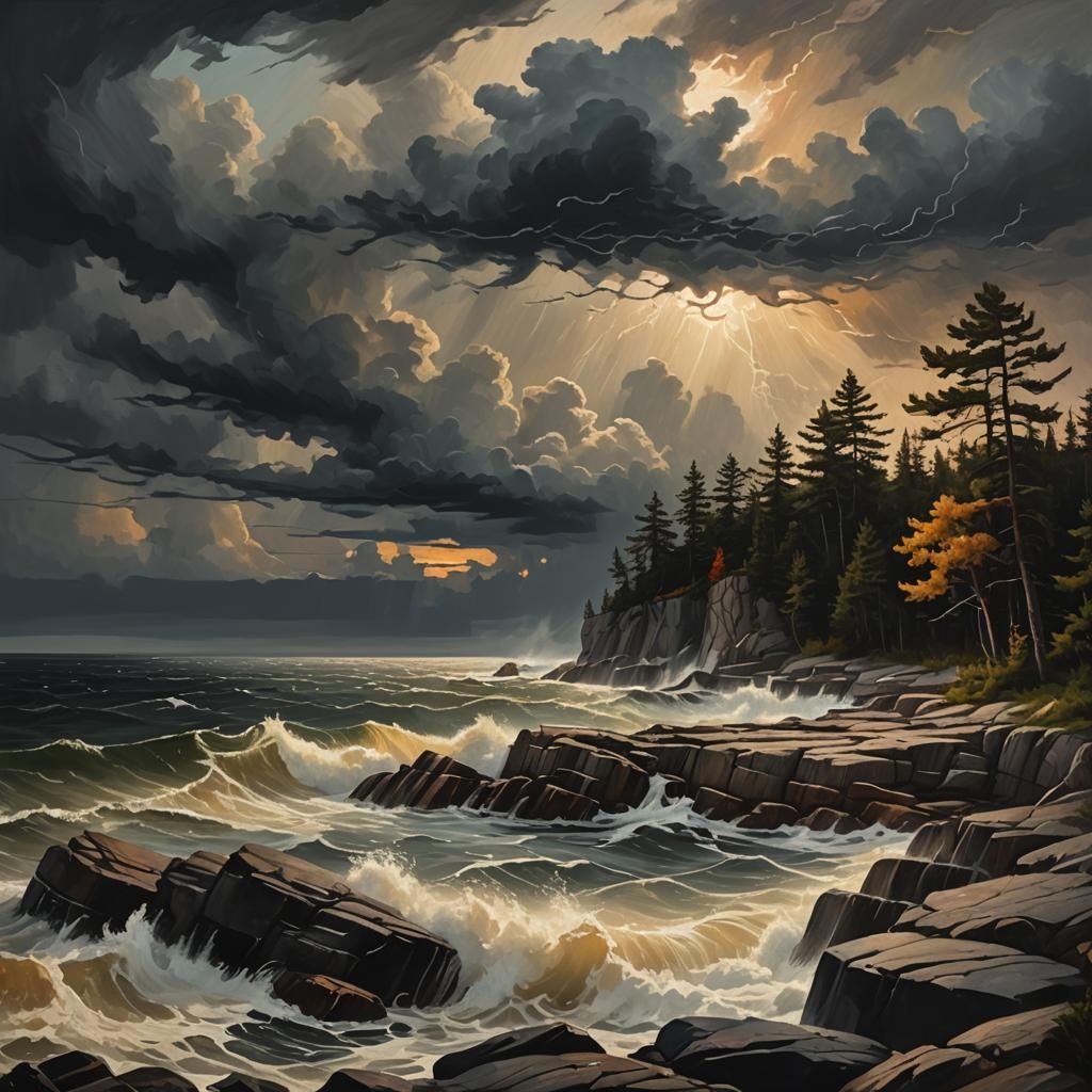 Low-Angle Stormscape over Georgian Bay in Ominous Oil Painti...