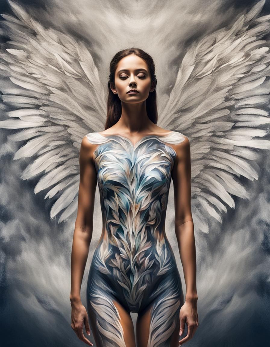 Angel Body Painting Illusion in Photographic Style