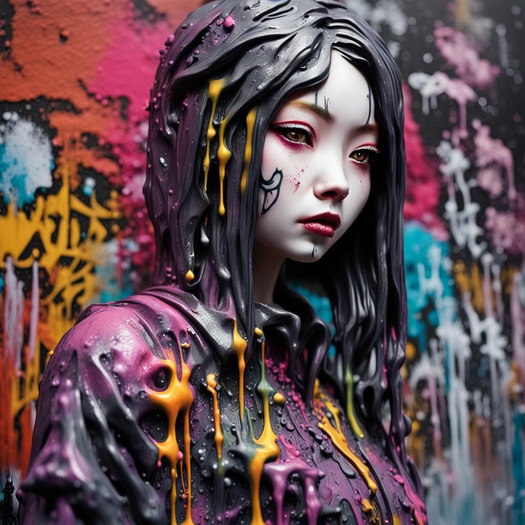 Japanese Gothic Female Figurine in Vibrant, High-Contrast Gr...