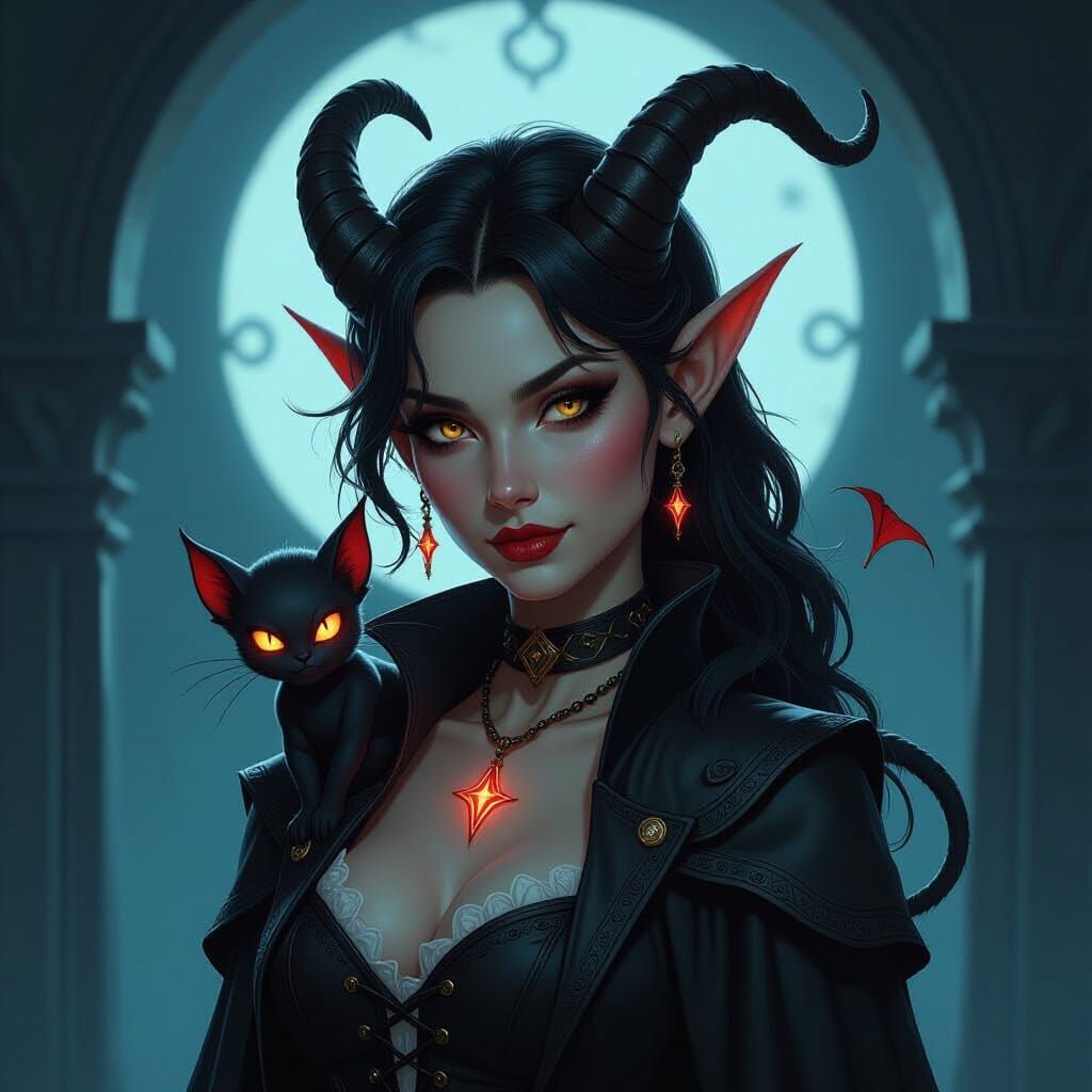 Tiefling with Mischievous Shadow Demon in Dark Fantasy Style