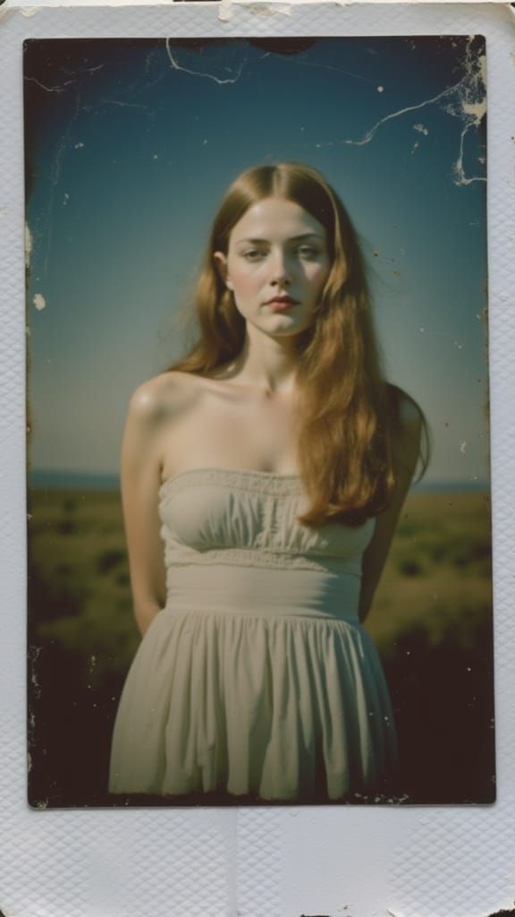 Mystical Woman Under Blue Moonlight in a Faded Polaroid