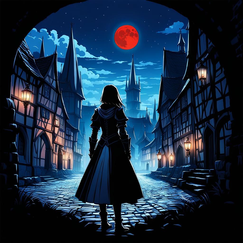 Girl Under Red Moonlit Medieval European Cityscape