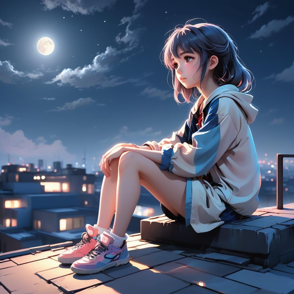 Ethereal Moonlit Portrait in Vibrant Pastel Anime Style