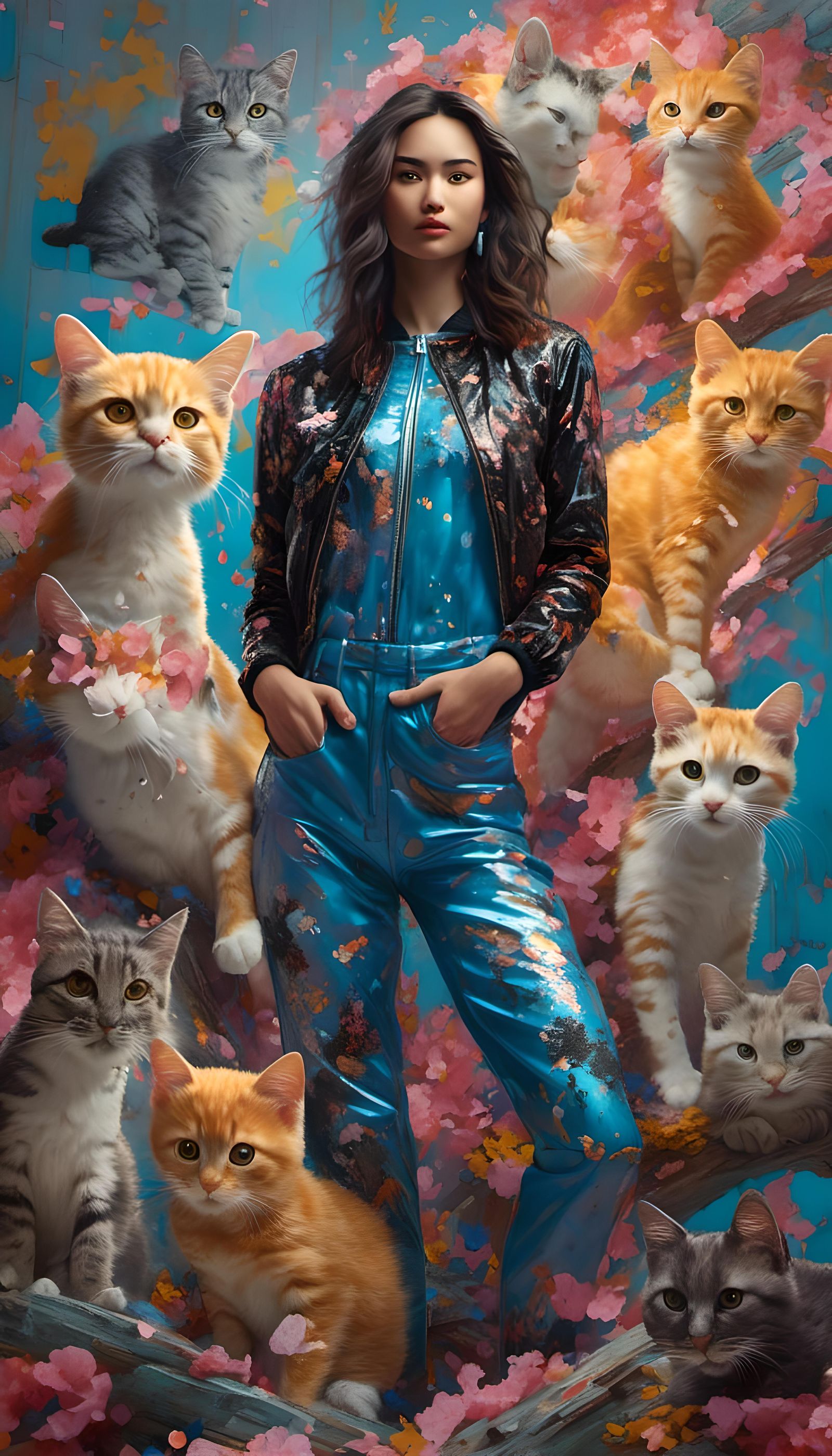 Hyperrealistic Cat Woman in Vibrant Splash Art