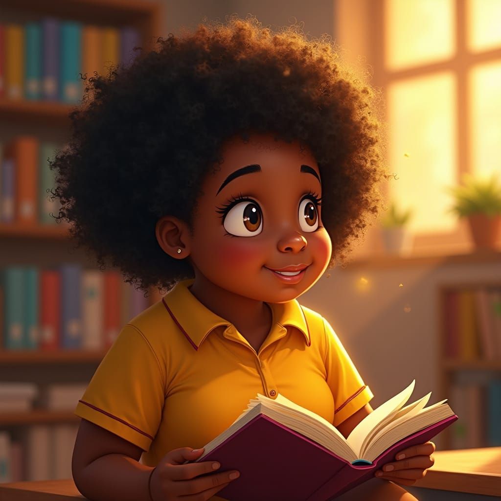 Joyful Black Teen Reads in School Library on World Book Day