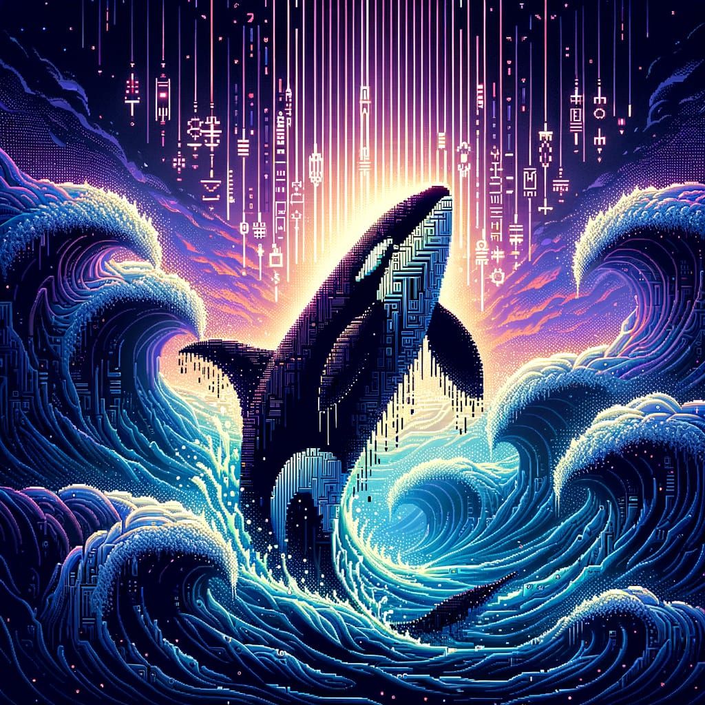 Surreal ASCII Art Whale in a Futuristic Ocean Scene