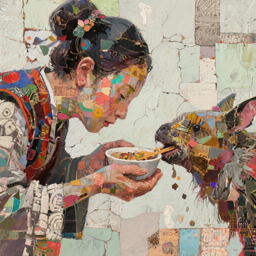 Abstract Mixed Media Art Piece Depicting Feeding