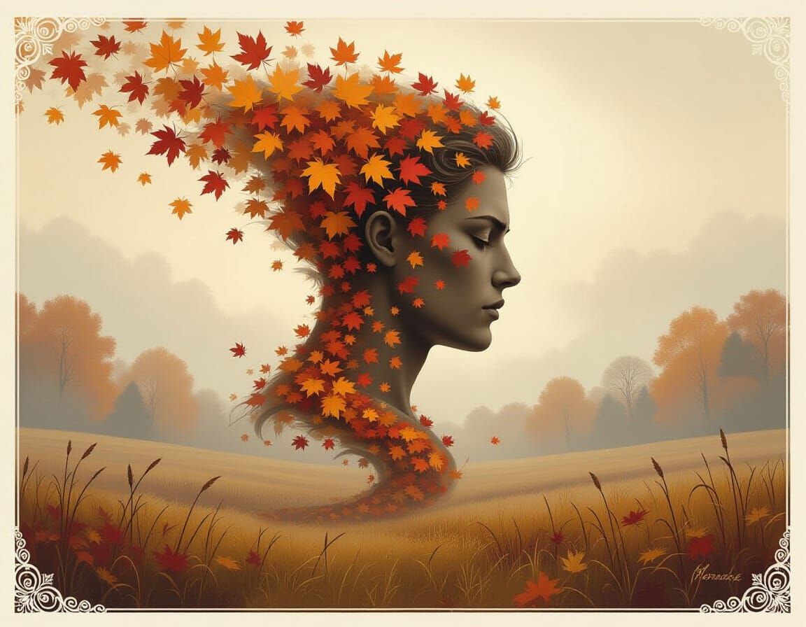 Autumn Leaves Tornado With Boxer Profile Symbolist Painting