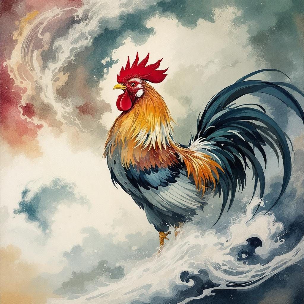 Japanese Rooster in Hokusai and Yoshida Style