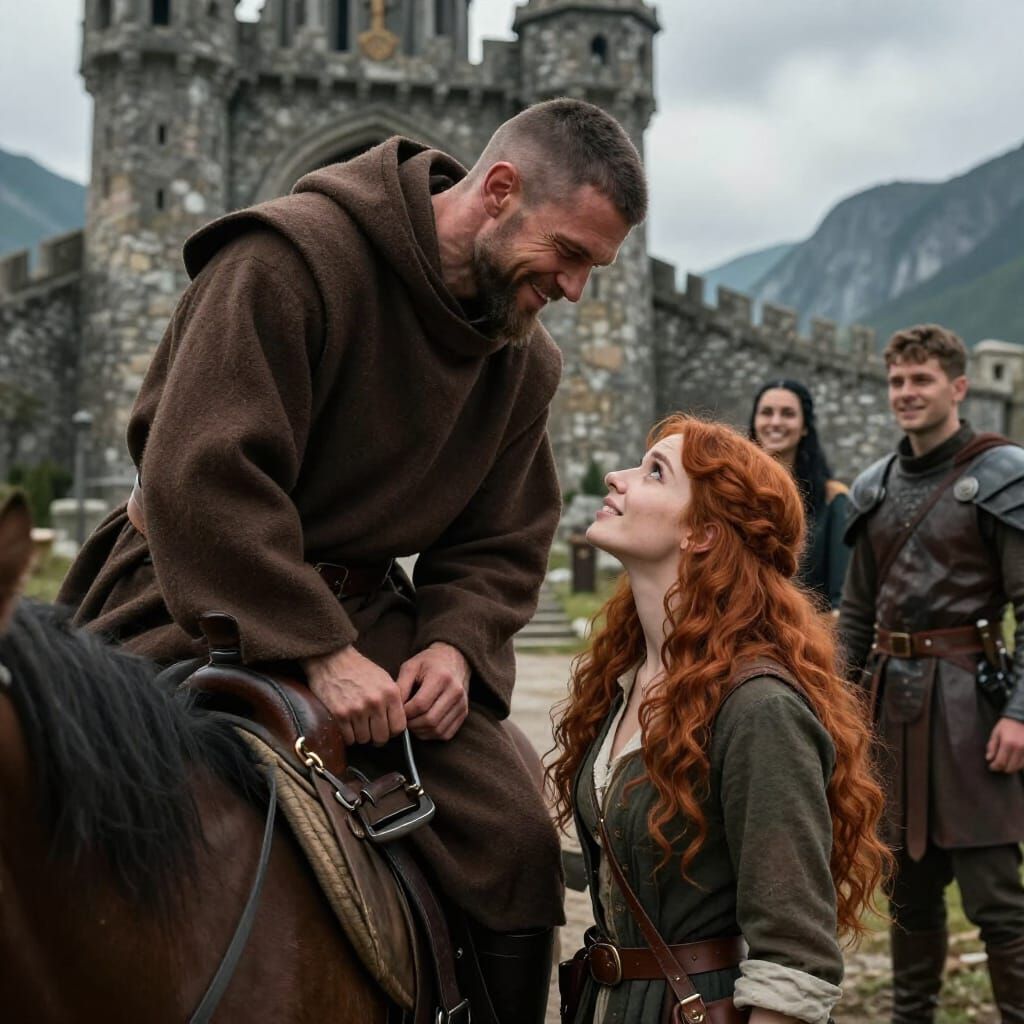 Medieval Monastery Gate Scene with Monk and Traveler