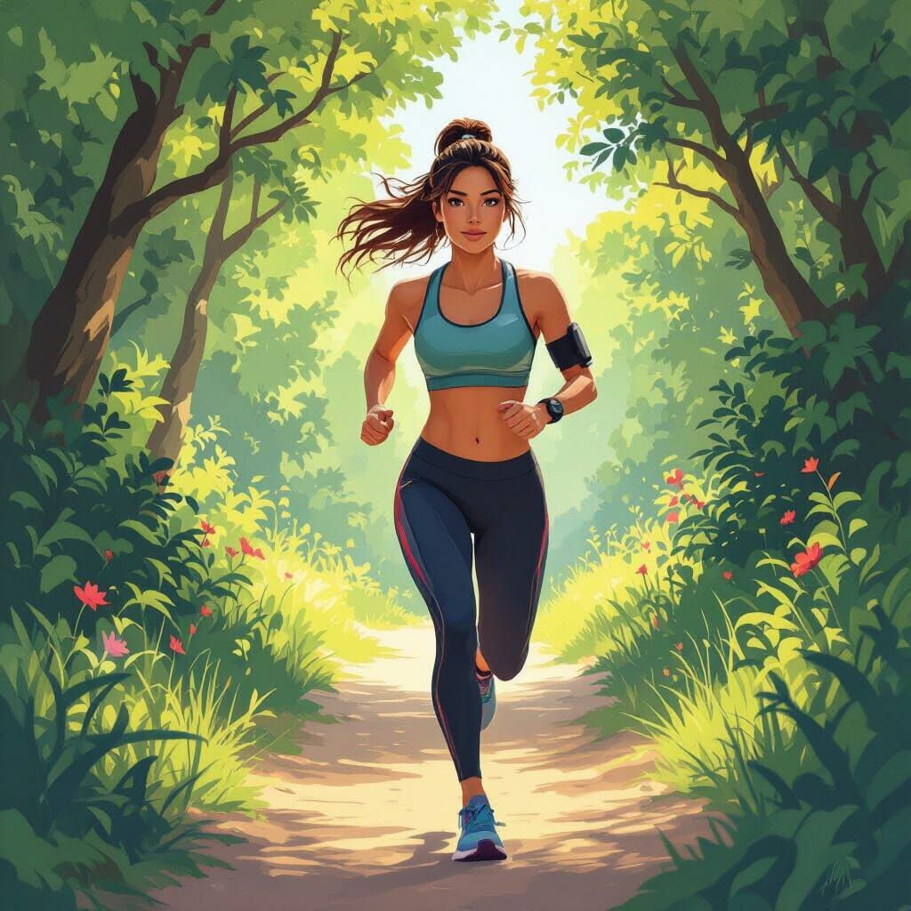 Woman Running in Lush Landscape: Concept Art Style
