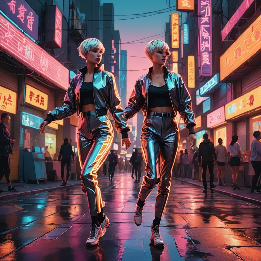 Cyberpunk Women Dancing Under Neon Lights