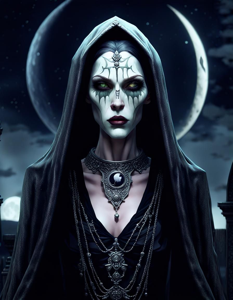 Gothic Grievous Witch Amidst a Haunting Lunar Scene