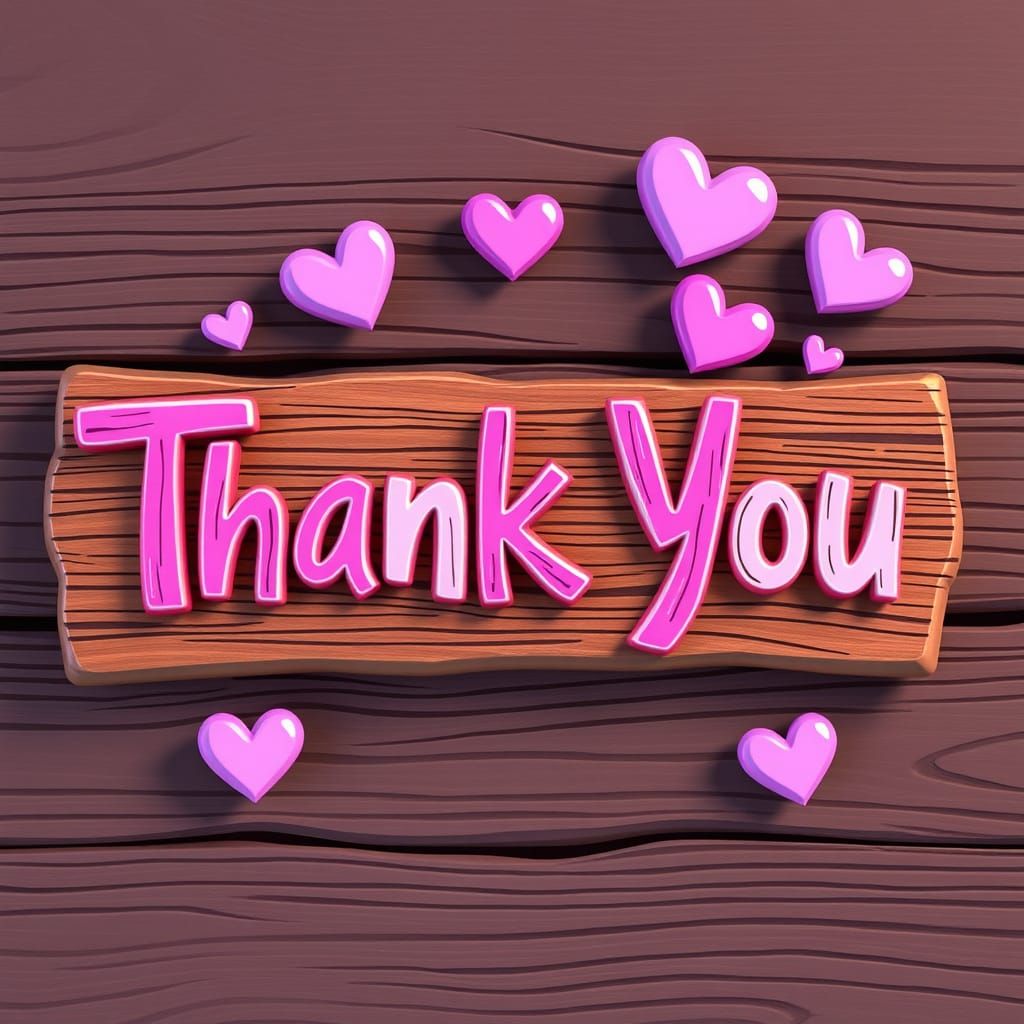 A 3d CARTOON logo that says "Thank You" on a wooden sign, FUCHSIA paint, visible brush strokes, deep wood grain texture,...