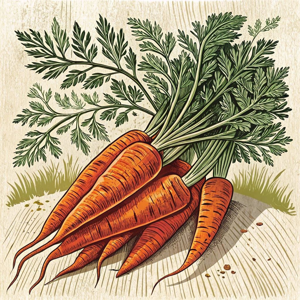 Vibrant Carrot Harvest in Woodcut Style