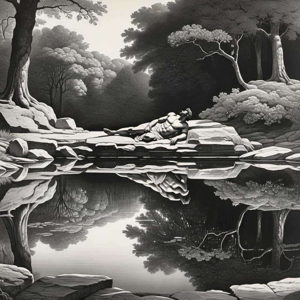 Ethereal Greek God Reflected in Serene Pond