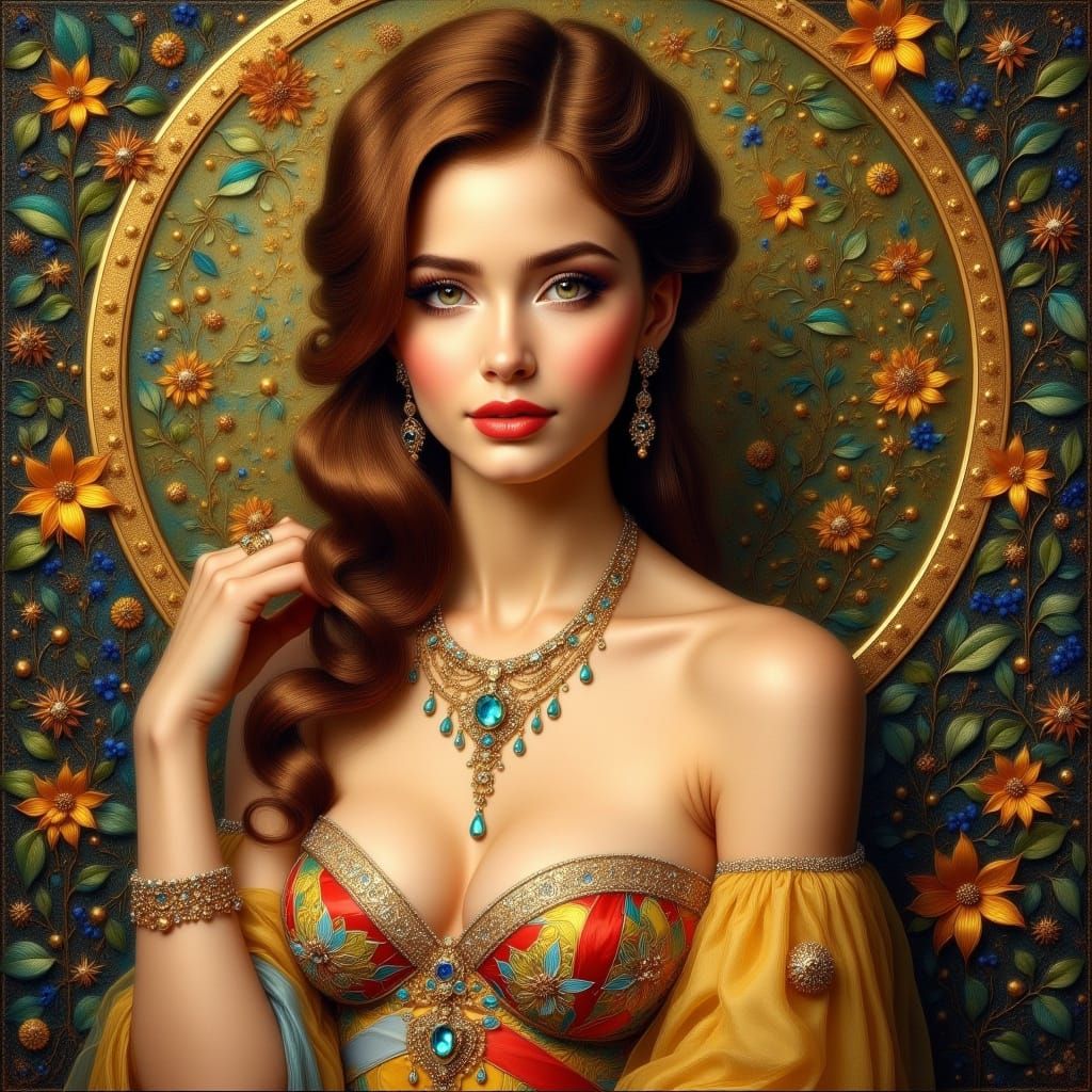 Luxurious Oil Painting of a Dazzling Woman in Opulent Jewels...