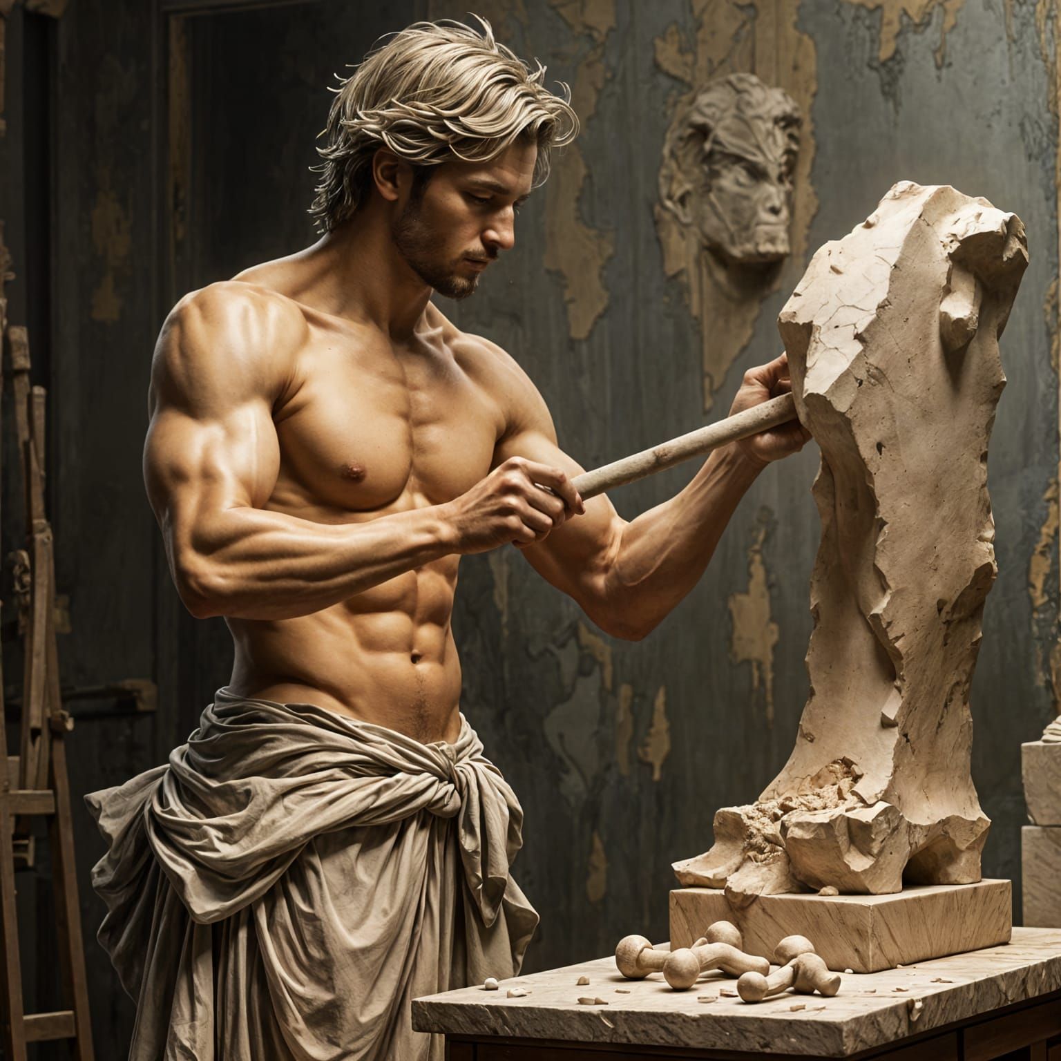 Idealized Sculptor in Neoclassical Studio