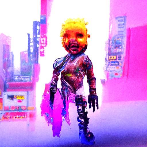 Glowing Neon Infant in Cyberpunk Cityscape