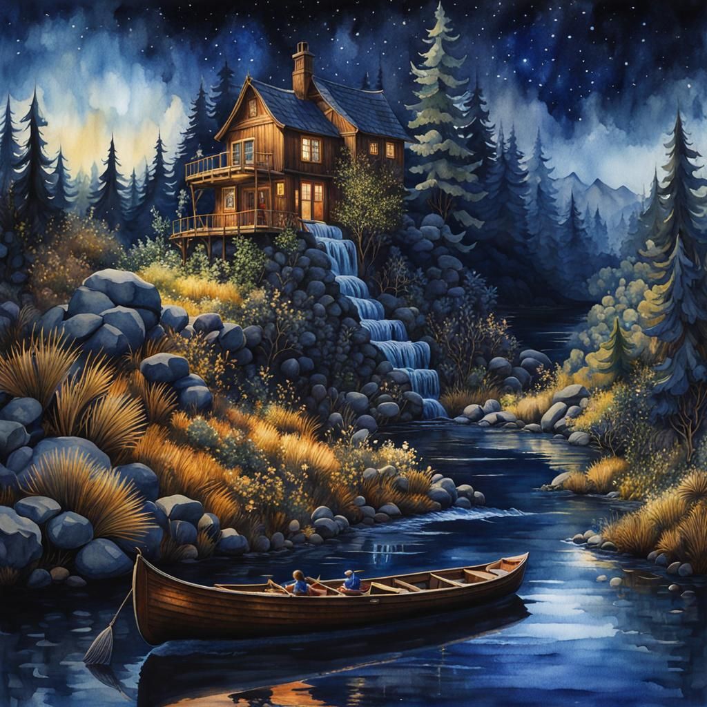 Whimsical Indigo Wilderness River in a Hyperrealistic Waterc...