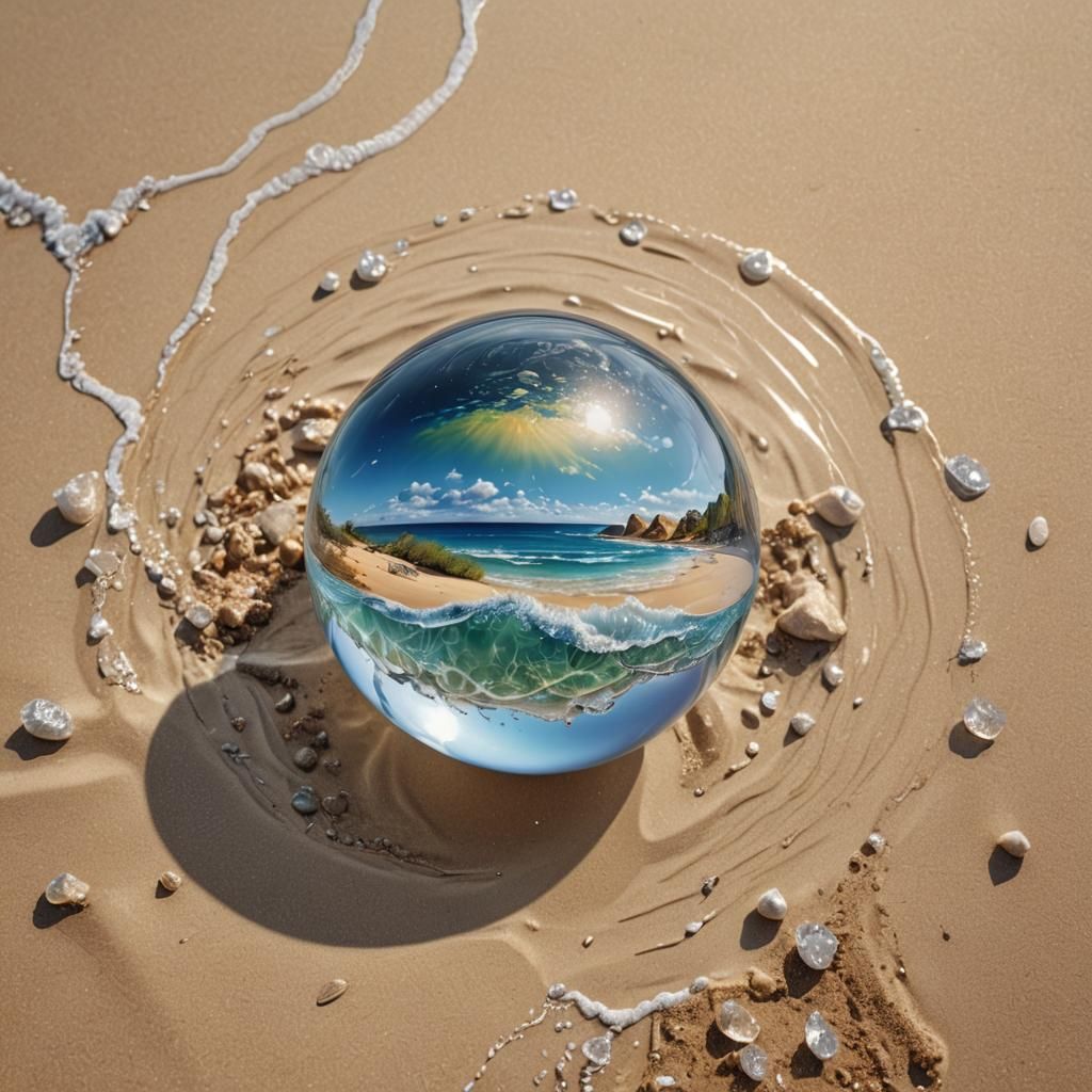 Crystal sphere on a beach with a beach inside.