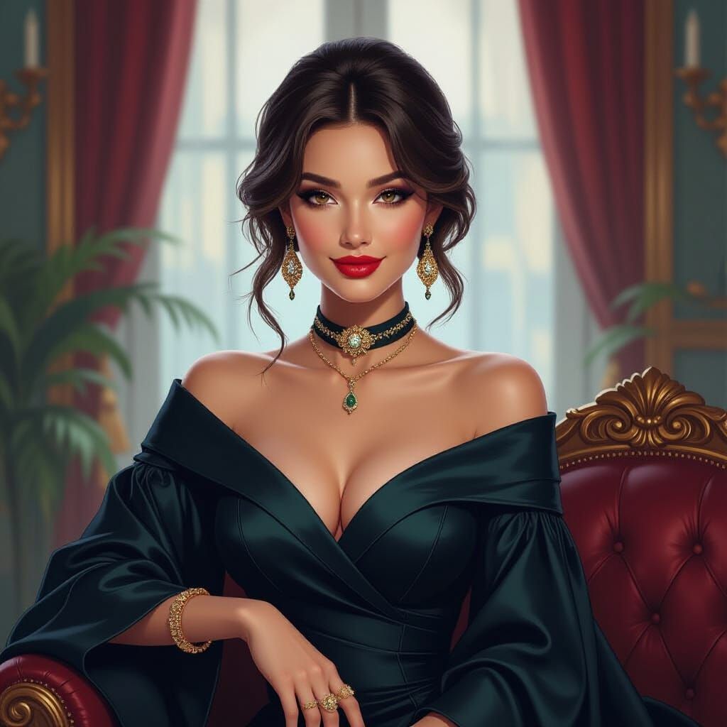 Elegant Woman's Enigmatic Smile in Luxurious Setting