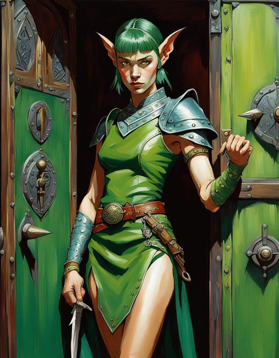 Ethereal Elf Warrior Enters Tavern in Sci-Fi Style
