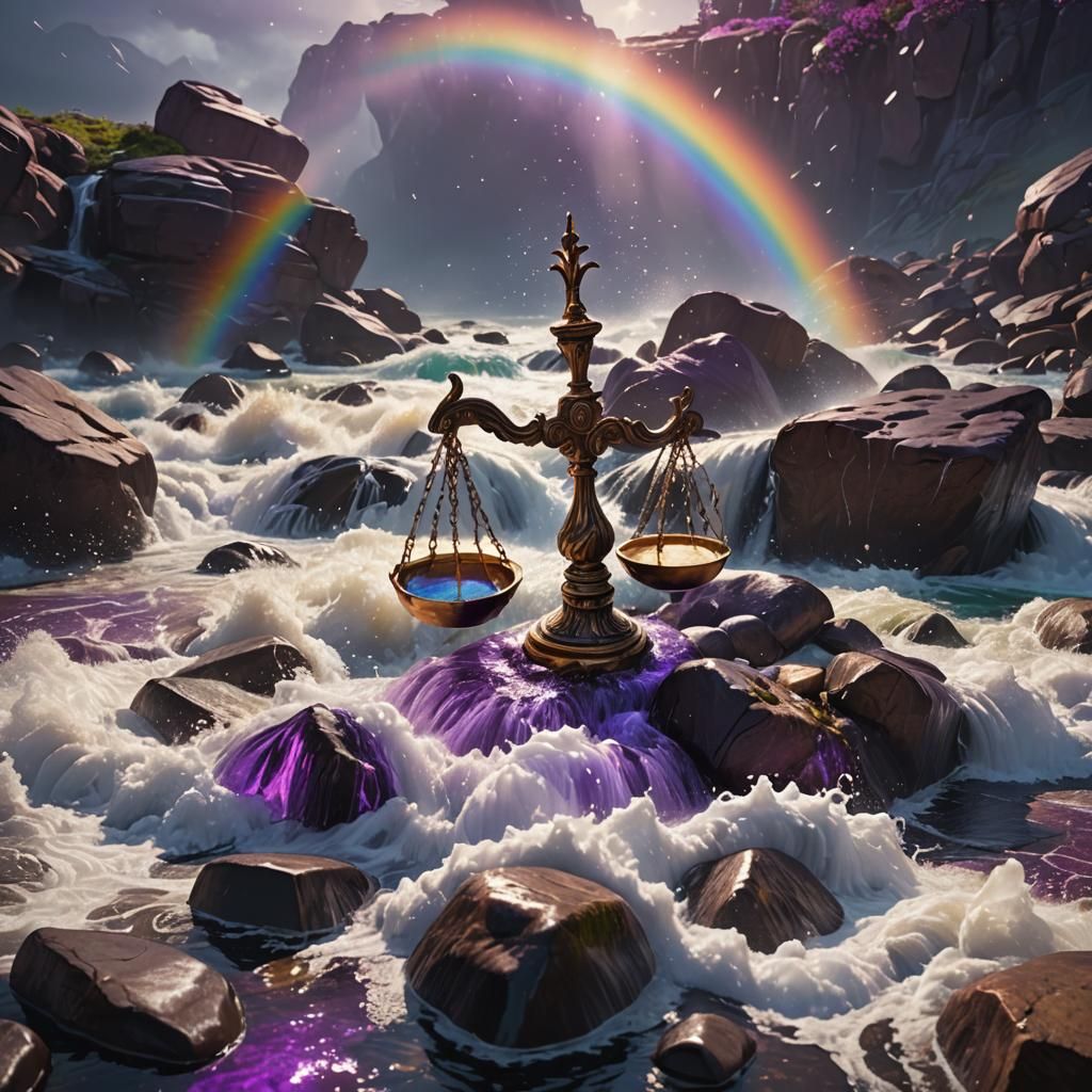 Fantastical Water Scene with Libra Scales and Rainbow