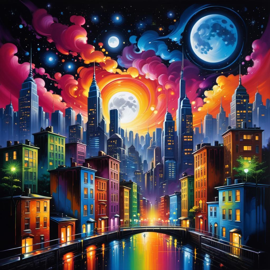 Vibrant Cityscape Under Starry Night Sky