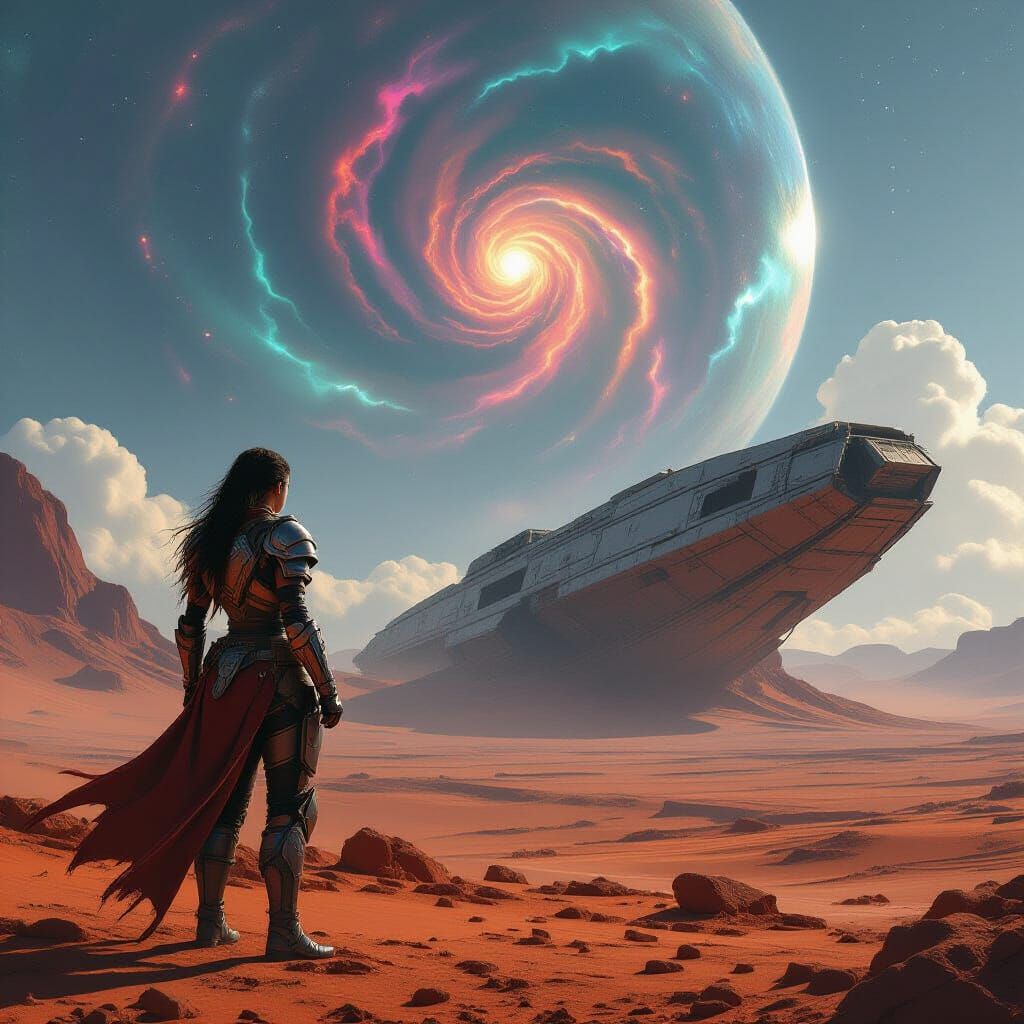 Female Warrior on Alien Plateau Under Nebulae Sky