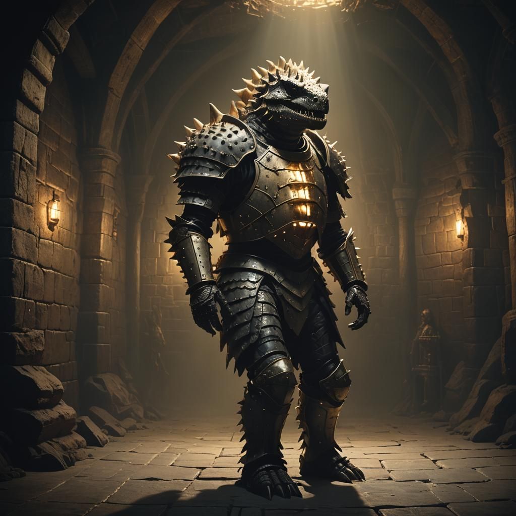 Dark Fantasy Ankylosaurus Armor in Ancient Chamber