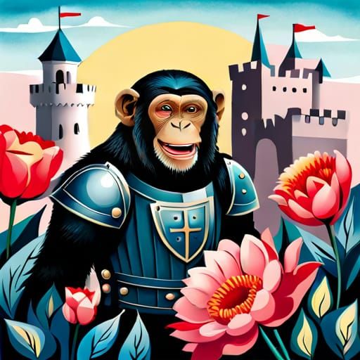 Chimpanzee Knight in Vibrant Floral Castle Scene