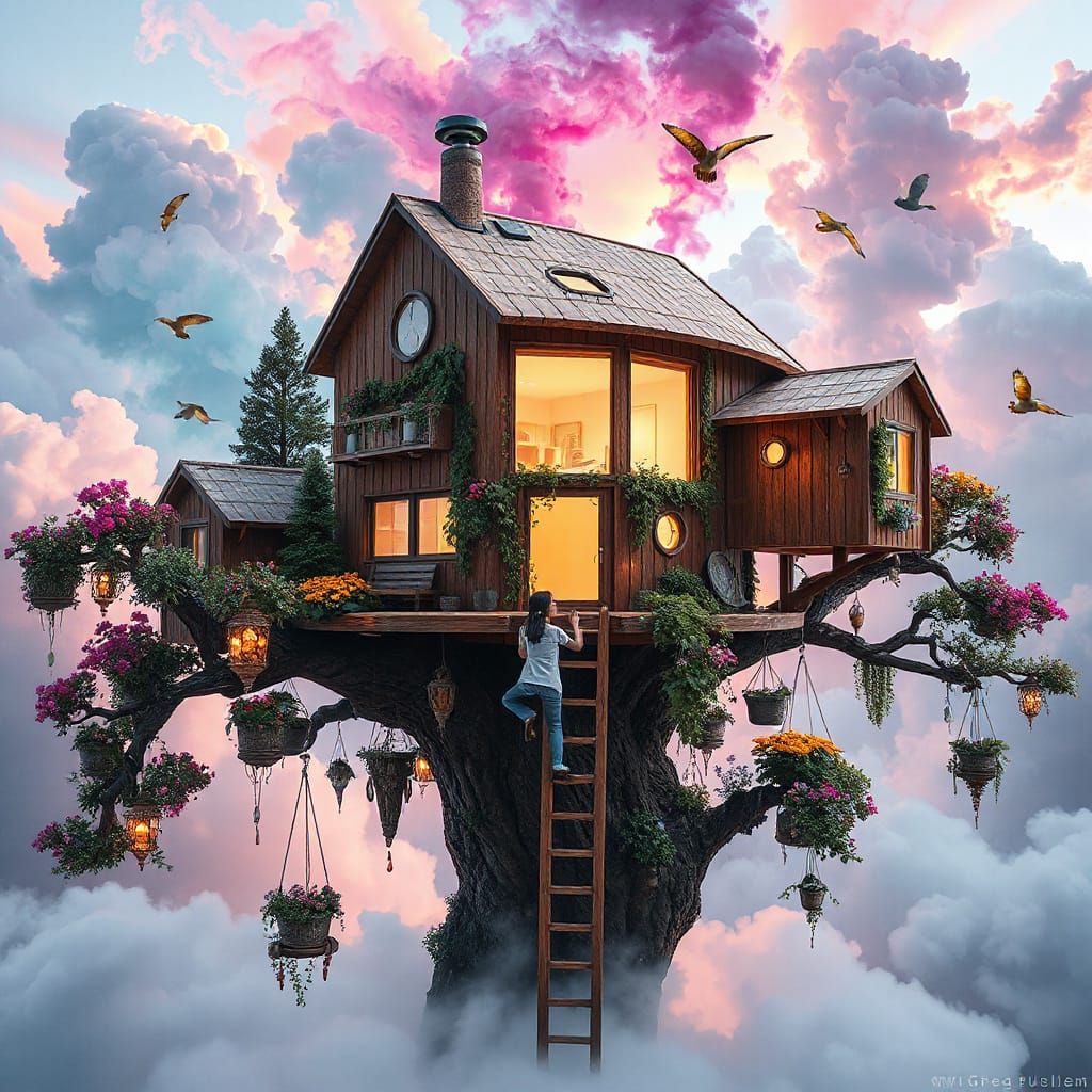 Surreal Futuristic Pod Treehouse with a Happy Woman